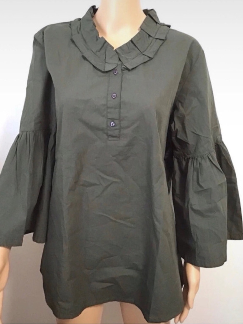 Cotton Olive Green Ruffle Collar Bell Sleeve Top